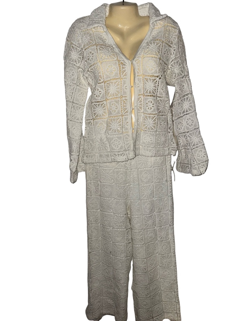 100% cotton white Crochet Two Piece Set Button Front Top & Wide Leg Pants